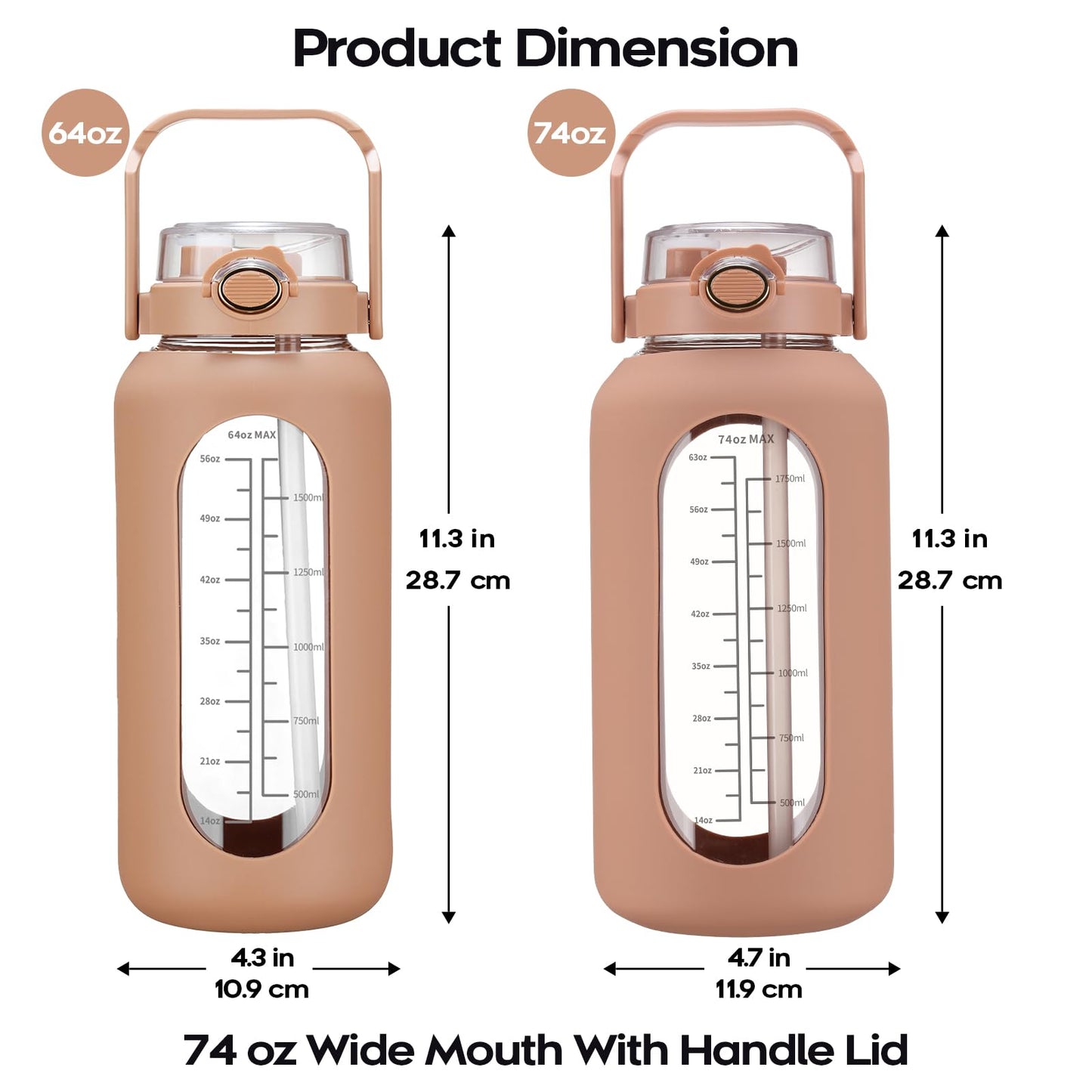 chunmo 74 oz Glass Water Bolttles with Straw Large Motivational Water Bottle with Time Marker Sports Water Bottles with Silicone Sleeve and Handle Lid 2.2L Water Jug for Gym Workout