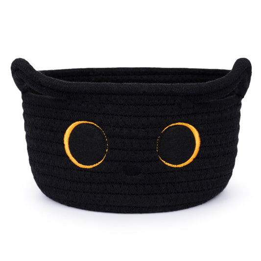Hkojewp Small Storage Basket, Black Cat Cotton Rope Baskets Woven Blasket for Nursery, Blanket Basket Baby Toy Storage Organizer With Ears for Gifts Cat Dog Bin Toys 8.5×4.5 inches