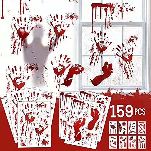 159 PCS Halloween Decorations, 8 Sheets Terror Bloody Handprint Footprint Window Stickers, 8 Sheets Tattoo Stickers, Halloween Party Indoor/Outdoor Decoration,Spooky Wall Decal and Floor Stickers