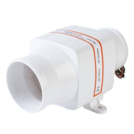 SEAFLO 3" In-Line Marine Bilge Air Blower - 12V, 130 CFM, 2.5A Max Draw, 4-Blade Fan, Ultra-Quiet Operation, White, 3 Inch for Yacht/Sailboat/Boat - ISO 8846, CE & RoHS Certified - 4-Year Warranty