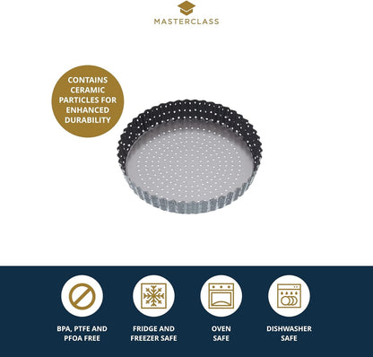 MasterClass KCMCCB39 Crusty Bake 20 cm Perforated Quiche Tin with PFOA Non Stick and Loose Bottom, Fluted, Robust 1 mm Carbon Steel, Grey