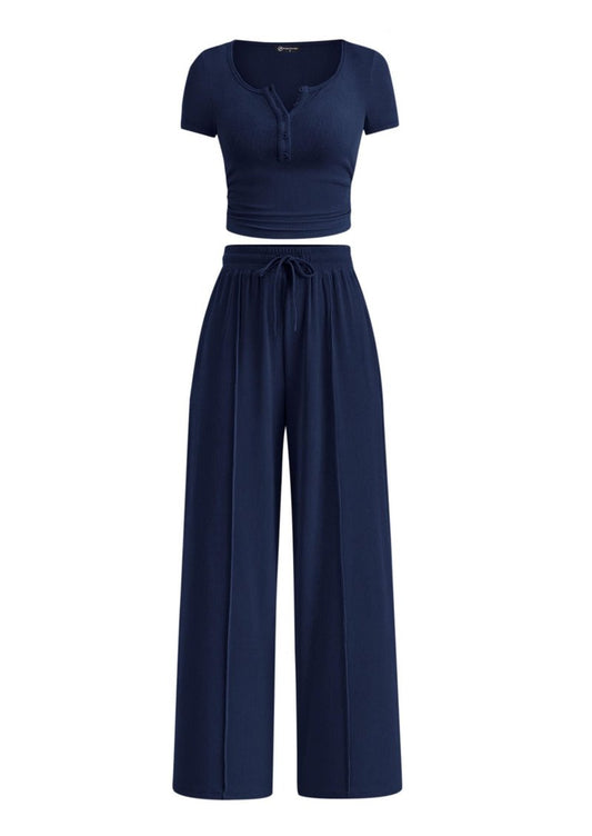 PRETTYGARDEN Womens 2 Piece Outfits Summer 2026 Ribbed Knit Button Short Sleeve Tops Casual Wide Leg Pants Lounge Sets(Navy,Medium)