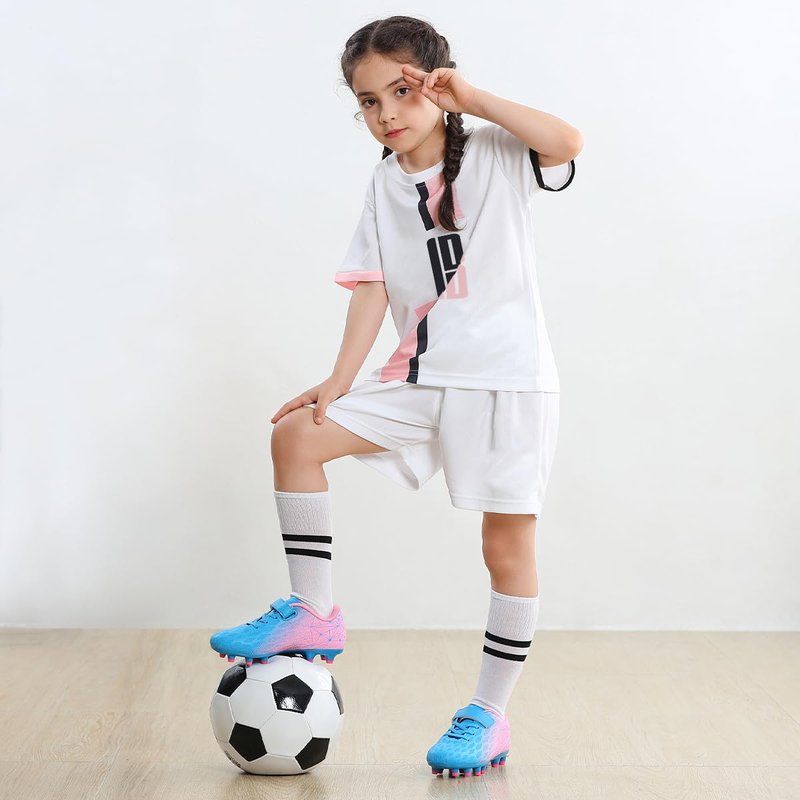 brooman Kids Firm Ground Soccer Cleats Boys Girls Athletic Outdoor Football Shoes(3.5,Fuchsia Black)