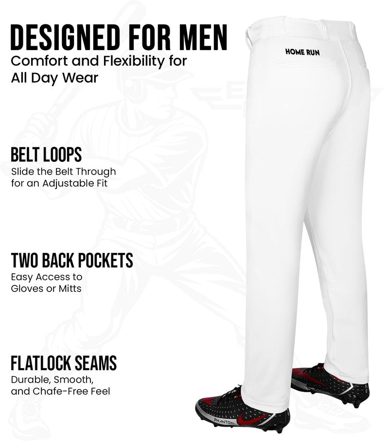 Exxact Sports Home Run Men's Baseball Pants - Full-Length, Semi-Relaxed Fit, Open-Bottom Adult Baseball Pants
