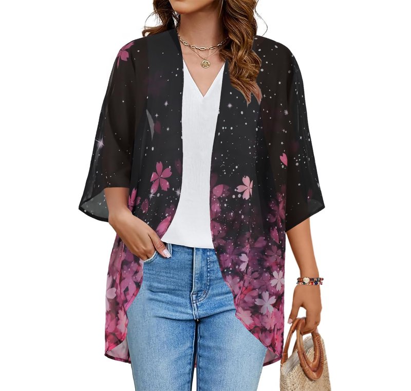 Women's Floral Print Puff Sleeve Kimono Cardigan Loose Cover Up Casual Blouse Tops(Black Pink Purple Floral,2XL)