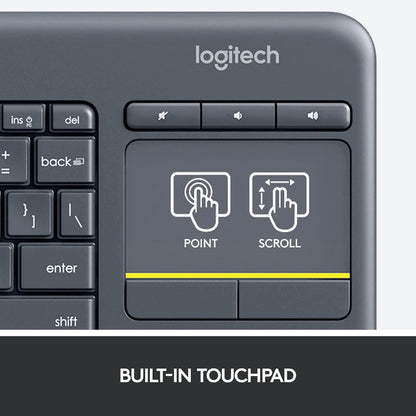 Logitech K400 Plus Wireless Touch TV Keyboard With Easy Media Control and Built-in Touchpad, HTPC Keyboard for PC-connected TV, Windows, Android, ChromeOS, Laptop, Tablet - Black