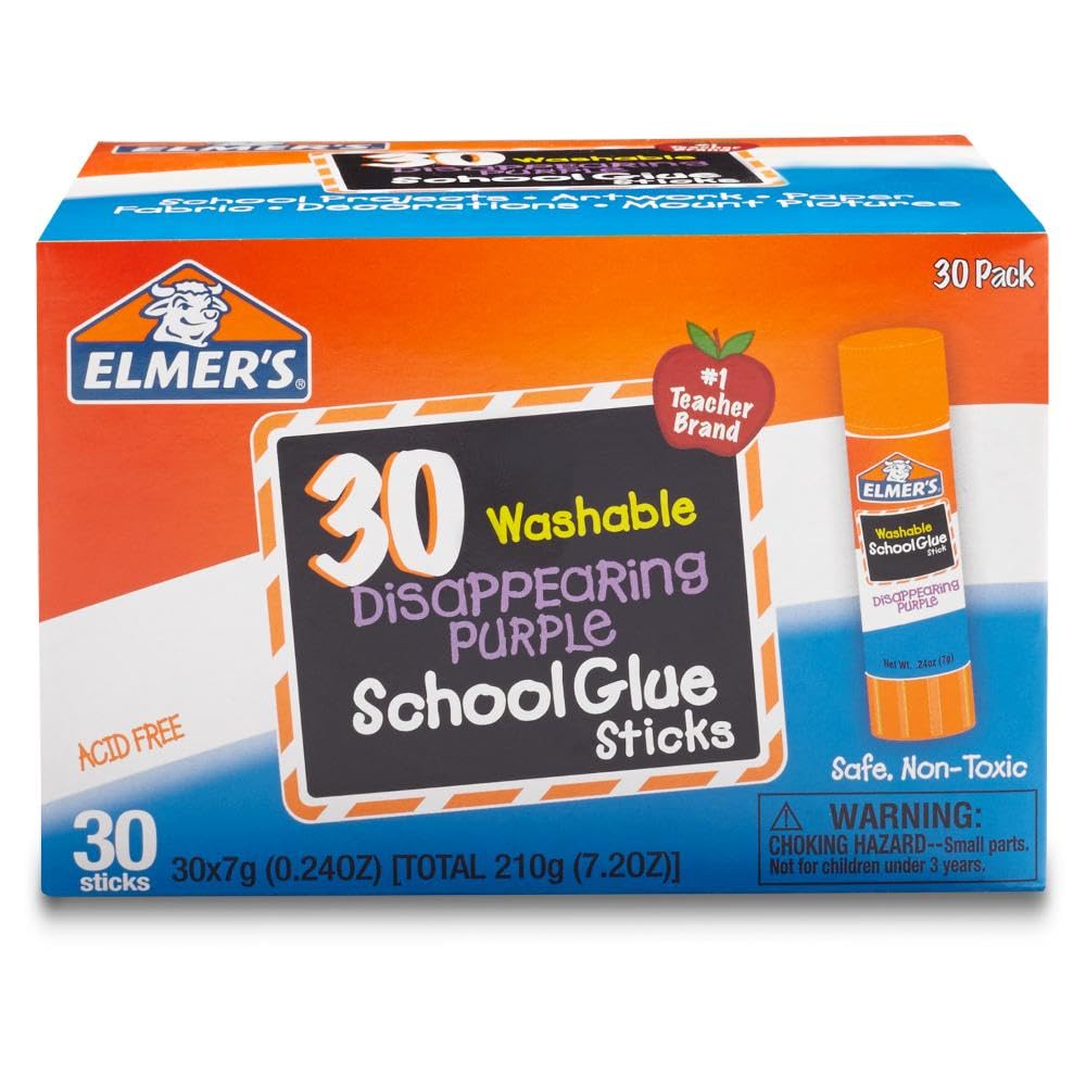 Elmer’s Disappearing Purple School Glue Sticks, Washable, 7g, 30 Count - Bulk Pack for Classrooms, 1 Teacher Brand