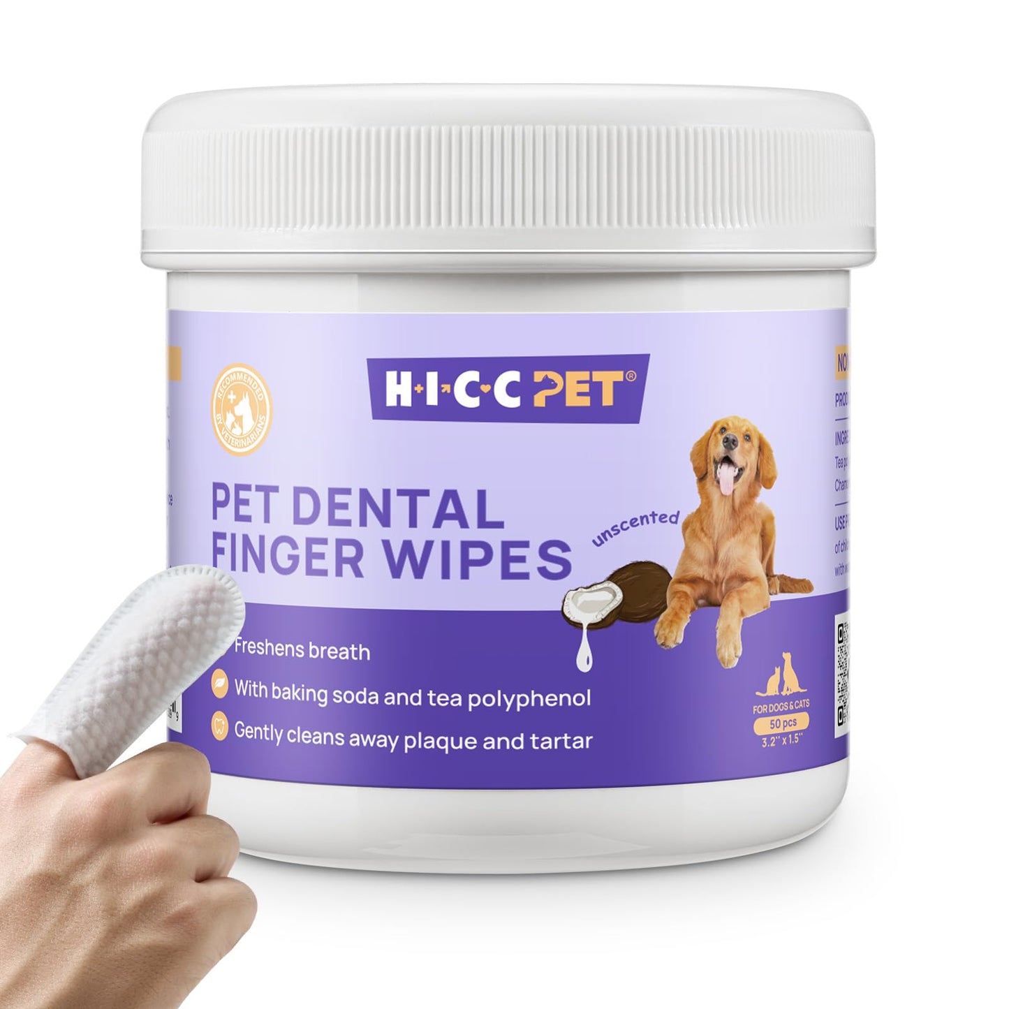 HICC PET Teeth Cleaning Wipes for Dogs & Cats, Remove Bad Breath by Removing Plaque and Tartar Buildup No-Rinse Dog Finger Toothbrush, Disposable Gentle Cleaning & Gum Care Pet Wipes, 50 Counts