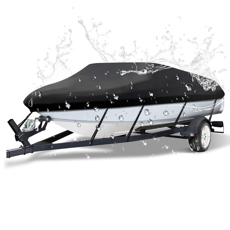 NEVERLAND Trailerable Boat Cover Waterproof Heavy Duty Marine Grade Polyester Canvas Fits V Shape/V-Hull and Tri-Hull Runabouts, Pro-STYL, Bass Boats (Boat Length 17-19ft, Beam Width up to 102",Black)