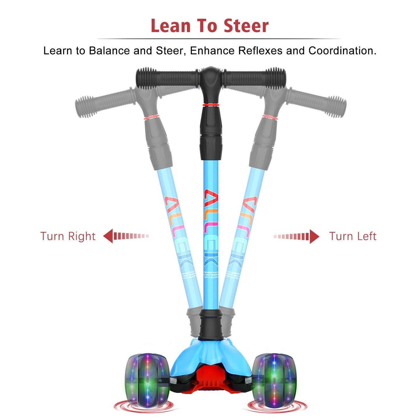 Allek Kick Scooter B02, Lean 'N Glide Scooter with Extra Wide PU Light-Up Wheels and 4 Adjustable Heights for Children from 3-12yrs (Aqua Blue)
