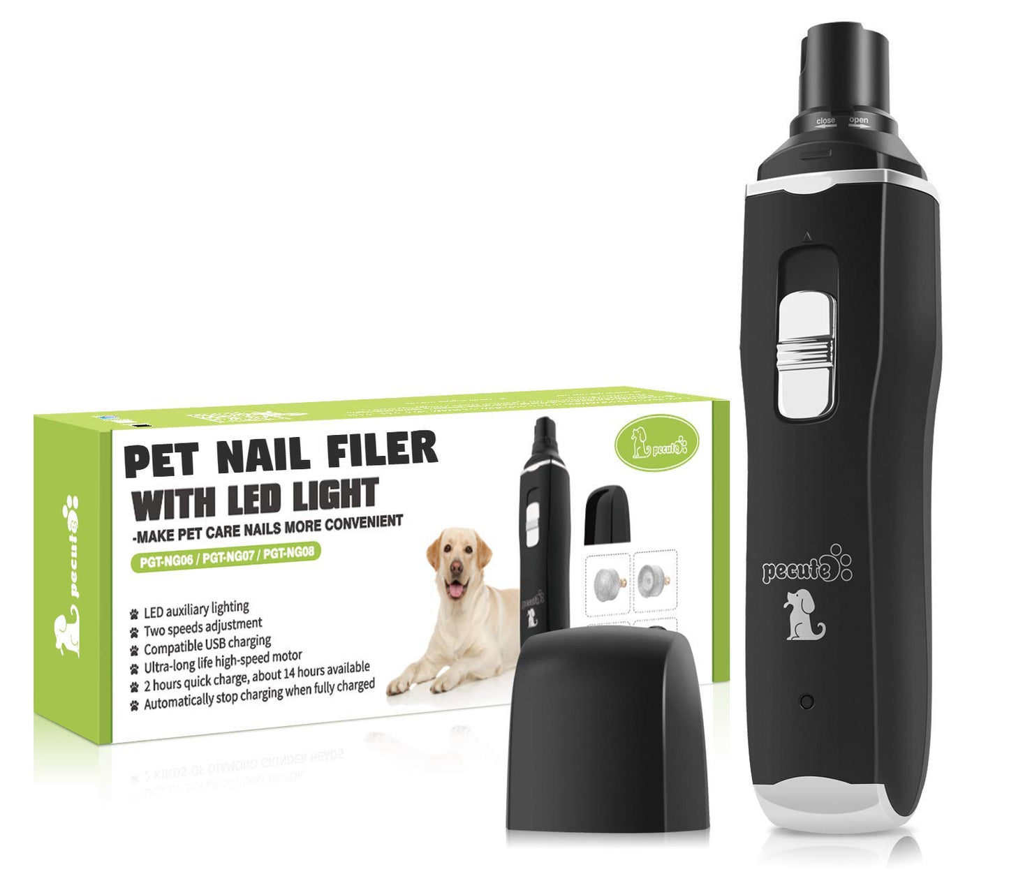 pecute Dog Nail Grinders with LED Light, 50 DB Low Noise Electric Pet Nail File Grinder, 2 Speeds Safe Smooth Grinding, 2 Hours Quick Charge, Strong Motor Great for Small to Large Pets(Black)