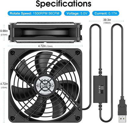 ELUTENG 120mm Fan With 3 Speed 5V USB Powered Case Fan 1500PRM Gaming PC Portable Cooling Suitable for Tablet TV Receiver Router DVR Play Station Xbox Computer and More