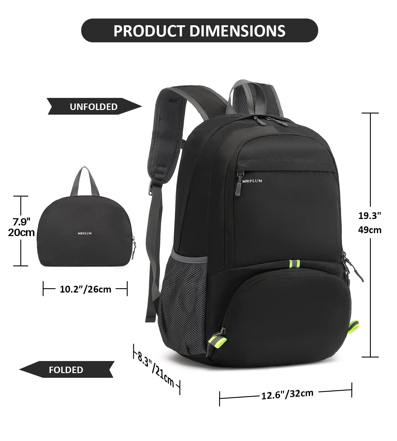 MRPLUM 30L Rucksack Foldable Ultralight Packable Backpack,Unisex Durable Handy Daypack for Travel & Outdoor Sports Durable&Waterproof (Black)