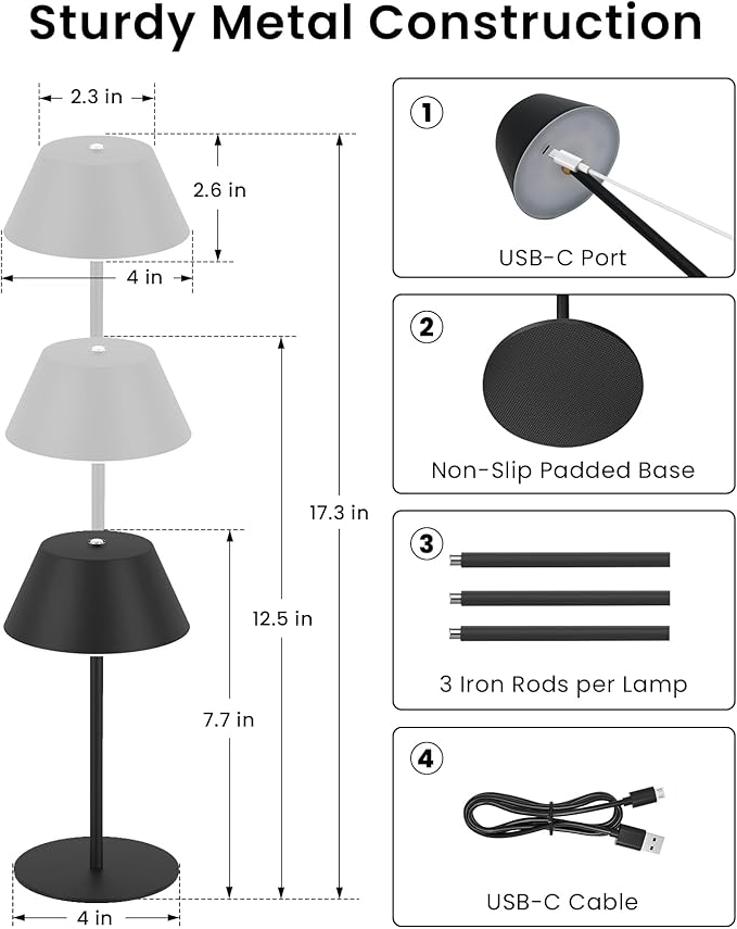 LOFTEK Cordless Table Lamps Set of 2, Rechargeable Table Lamp, Up to 55 Hrs Ultra-Long Battery Life, Eye-Friendly, Touch Dimming, Portable Wireless Ambient Lighting (Pure Black, 2 Pack)