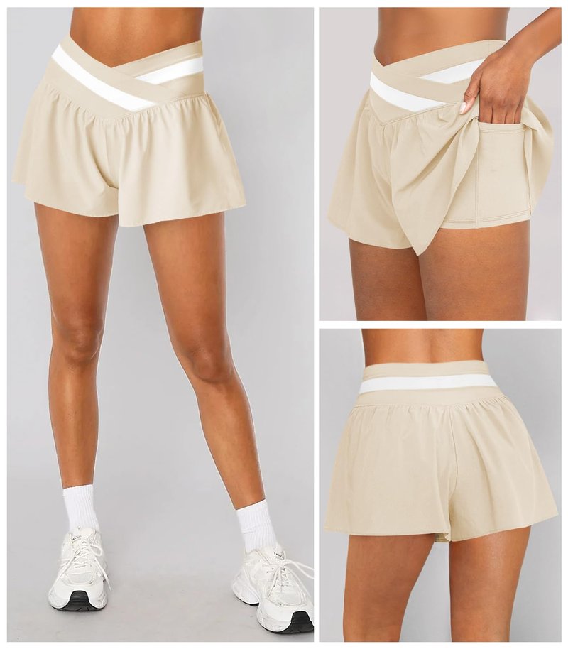 Hragc Womens Athletic Workout Apricot Shorts Flowy Butterfly Elastic Crossover High Waisted 2 in 1 Running Shorts with Pockets for Women Large