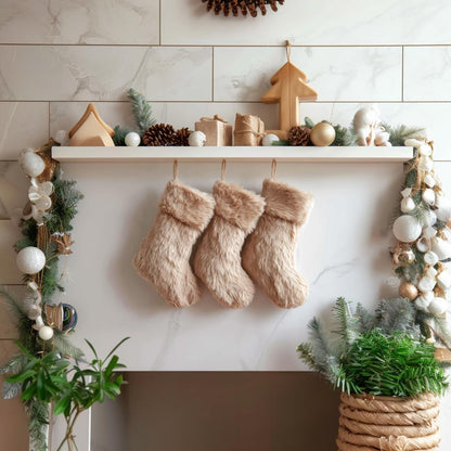 AISENO 3 Pack 18 Inch Christmas Stockings Beige Faux Fur Hanging Ornaments Candy Gift Bags for Christmas Decorations