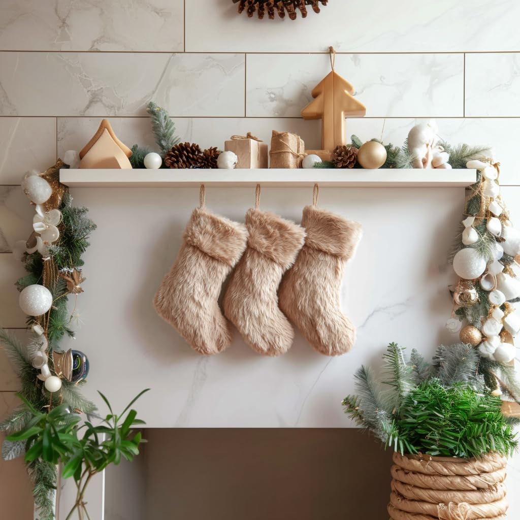 AOGU 3 Pack 19 Inch Beige Christmas Stockings Faux Fur Xmas Christmas Stockings Hanging Ornaments Candy Gift Bags for Christmas Decorations