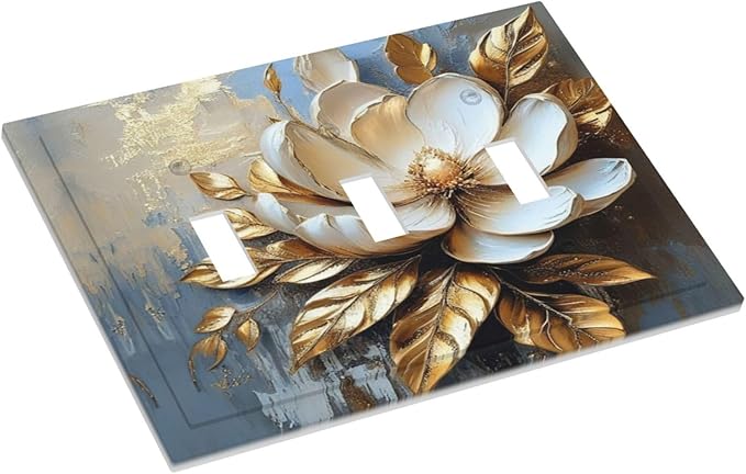 Decorative Art Light Switch Covers Gilded Bloom 3 Gang Triple Toggle Wall Plate Decorative Switch plate Electrical Faceplate for Home Decor
