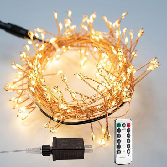Plug in Firecracker Lights 100FT 1000 LED Warm White Copper Wire Indoor Cluster Fairy Lights with Remote Timer for Bedroom, Living Room, Tree, Garden, Porch, Patio, Backyard, Christmas Tree