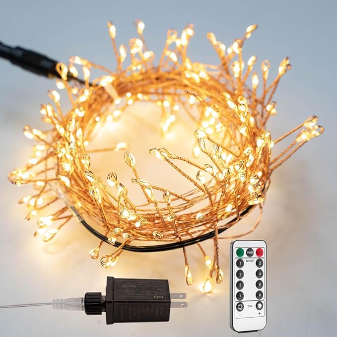 Plug in Firecracker Lights 33FT 300 LED Warm White Copper Wire Indoor Cluster Fairy Lights with Remote Timer for Bedroom, Living Room, Tree, Garden, Porch, Patio, Backyard, Christmas Tree