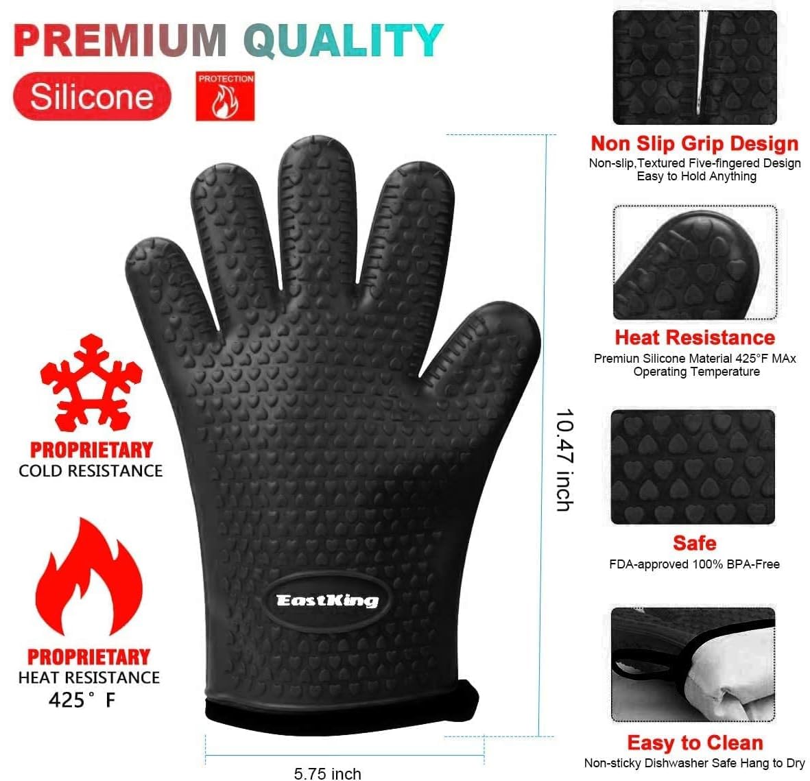 EastKing Smoker Accessories Set-Grilling Oven Gloves,BBQ Claws,Meat Thermometer and Silicone Brush BBQ Set for Cooking Barbecue Baking (Black)