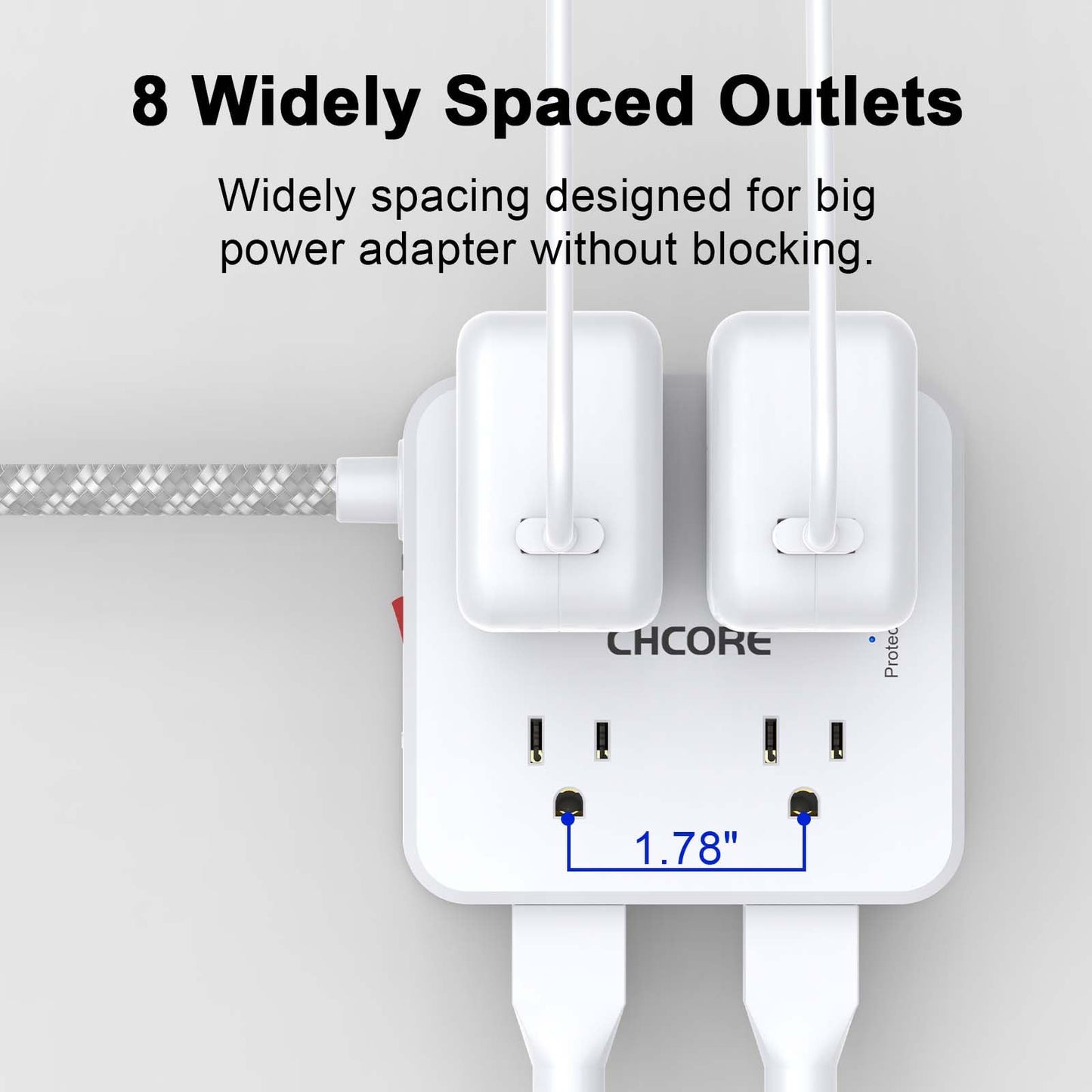 Surge Protector Power Strip - CHCORE 5Ft Braided Extension Cord with 8 Outlets with 4 USB (2 USB C) Charging Ports, Flat Plug Multi Plug Outlet Extender Charging Station for Home Office, ETL, White