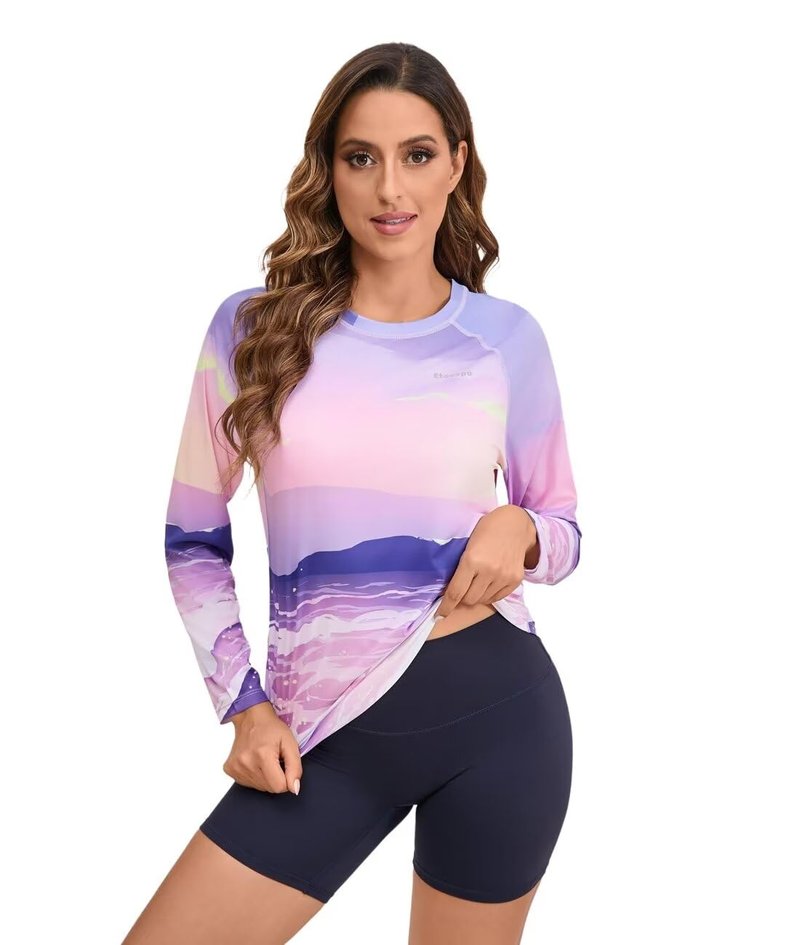 Women's Rash Guard UPF 50+ Quick Dry UV Protection Swim Shirt Long Sleeve SPF Sun Shirts for Women(Purple Ocean,L)