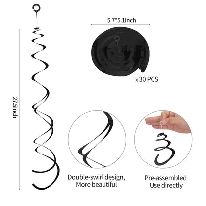 30 Pieces Black Hanging Swirl Decorations Plastic Streamers Foil Swirls Ceiling Decorations for Birthday|Wedding|Anniversary|Graduation Party Supplies