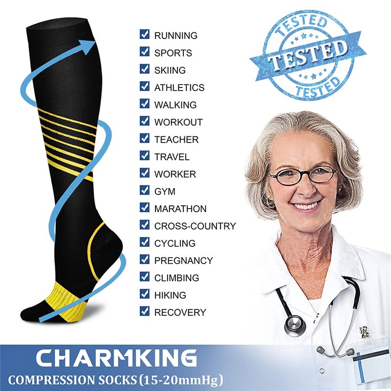 CHARMKING Compression Socks for Women & Men (8 Pairs) 15-20 mmHg Graduated Copper Support Calf Socks are Best for Pregnant, Nurses - Boost Performance, Circulation, Knee High Wide Calf(L/XL, Multi 34)