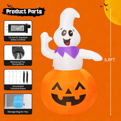 GOOSH 5 FT Halloween Inflatable Cute Pumpkin Ghost Outdoor Decorations Blow Up Yard Ghost in Pumpkin with Built-in LEDs for Indoor Party Garden Lawn Decor
