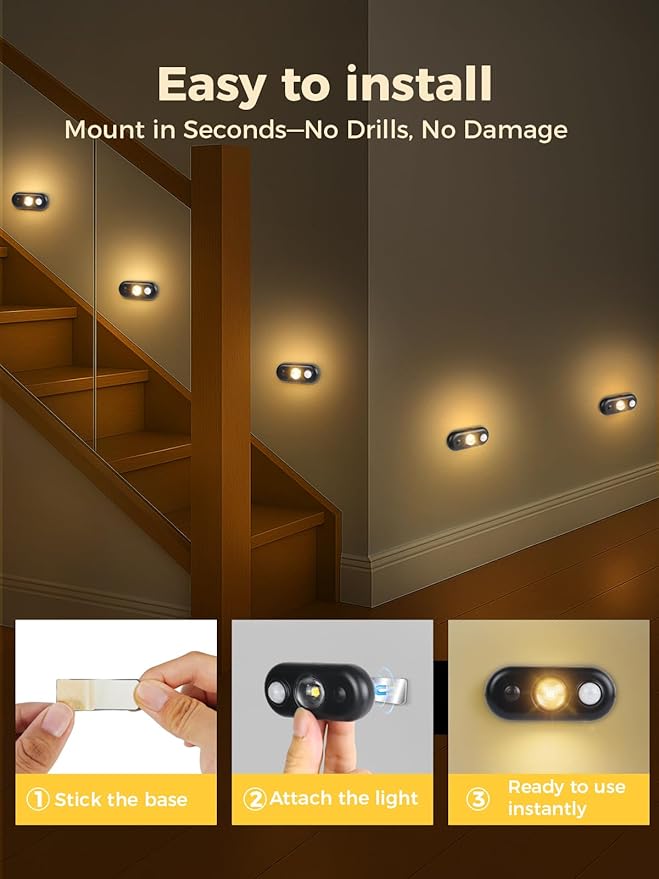 YGS-Tech LED Motion Sensor Light Indoor, Rechargeable Puck Lights, Magnetic Dimmable Under Cabinet Light, Wireless LED Lights for Closet, Kitchen, Stairs, Warm White, 6-Pack (Black)