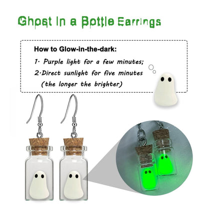 Ghost Earrings, Ghost In A Bottle Earring, The Adopt A Ghost Earring, Halloween Tiny Glow-In-The-Dark Spooky Charm Pendant Earrings Party Jewelry Gifts for Women