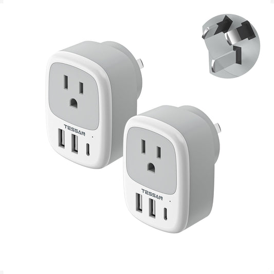 2 Pack US to Australia Plug Adapter, TESSAN New Zealand Power Adapter with 1 Electrical Outlet 3 USB Ports (1 USB C), Type I Travel Outlet Adaptor for USA to Australian Argentina China Fiji AU
