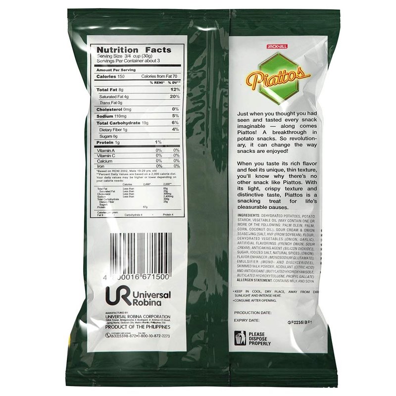 Jack'n Jill Piattos Potato Crisps - Potato Chip Snacks with Sour Cream & Onion Flavor, 3 Oz (85g), 2 Pack