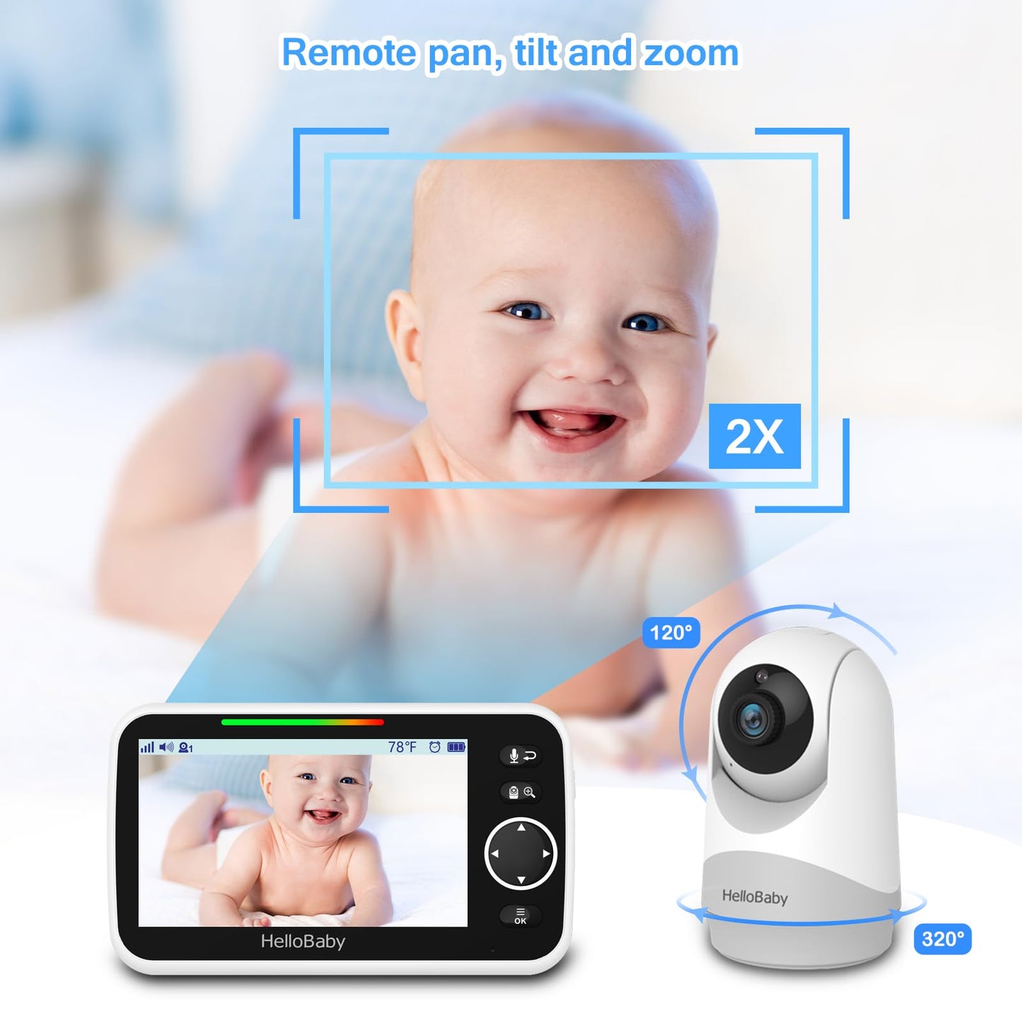 HelloBaby Monitor with Camera and Audio, 5'' Large Screen with 3500mAh Battery, Remote Pan-Tilt-Zoom Camera, Two-Way Talk, ECO-Mode, Auto-Night Vision, Range up to 960ft and No WiFi