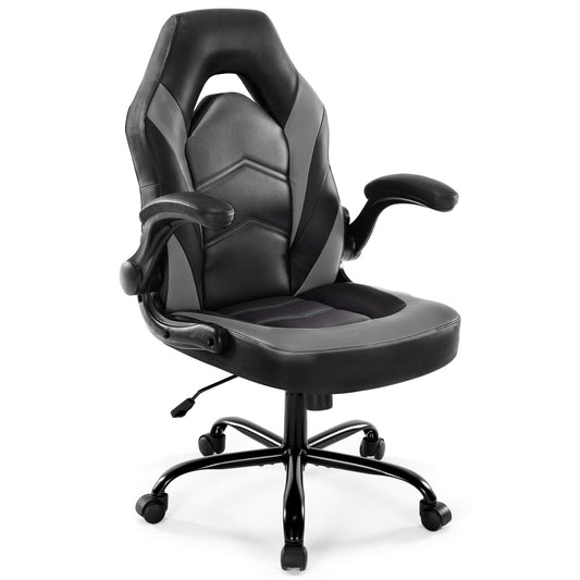 DUMOS Ergonomic Computer Gaming Chair - Home Office Desk with PU Leather Lumbar Support, Height Adjustable Big and Tall Video Game with Flip-up Armrest, Swivel Wheels for Adults and Teens