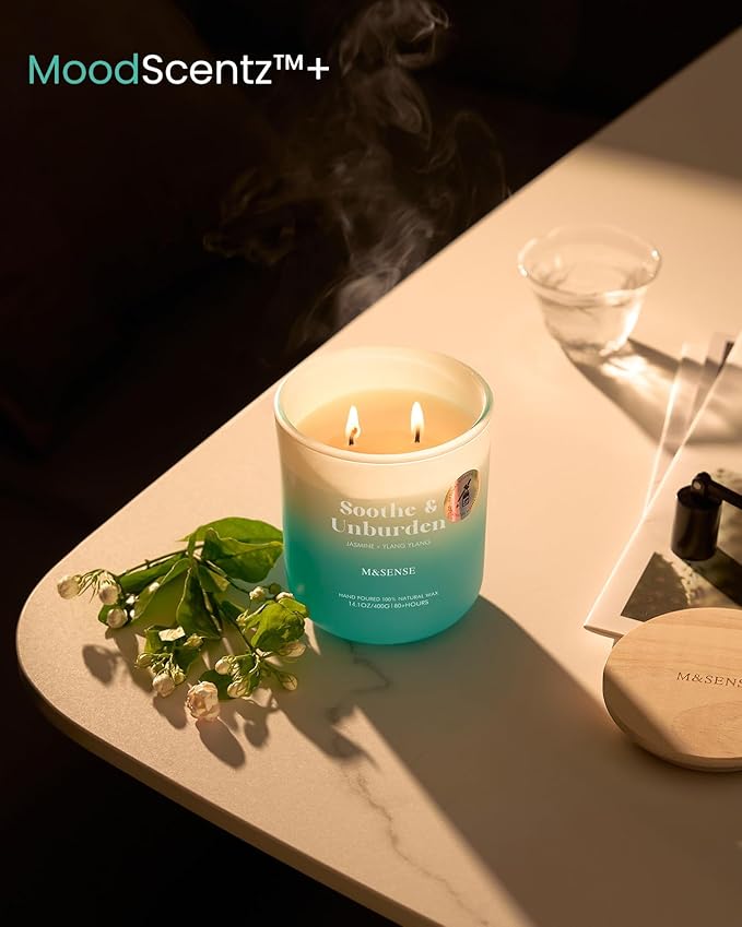 M&SENSE Jasmine & YlangYlang Scented Candle for Home, 14.1oz 80 Hours Non Toxic Natural Soy Wax Long Lasting Aromatherapy Relaxing Candles for Yoga Spa Meditation