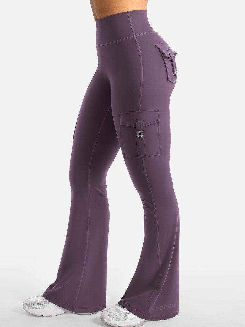 YEOREO CoreFlex Women Workout Flare Leggings with Pockets Hidden Scrunch Cargo Gym Yoga No Front Seam Leggings Black Berry Purple XXL