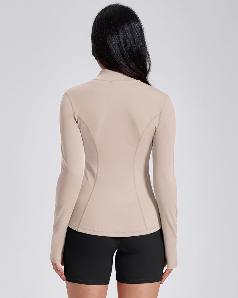 AVGO Womens Workout Jackets Lightweight Athletic Zip Up Jacket Slim Fit Running Gym Top with Pockets & Thumb Holes(Almond, S)