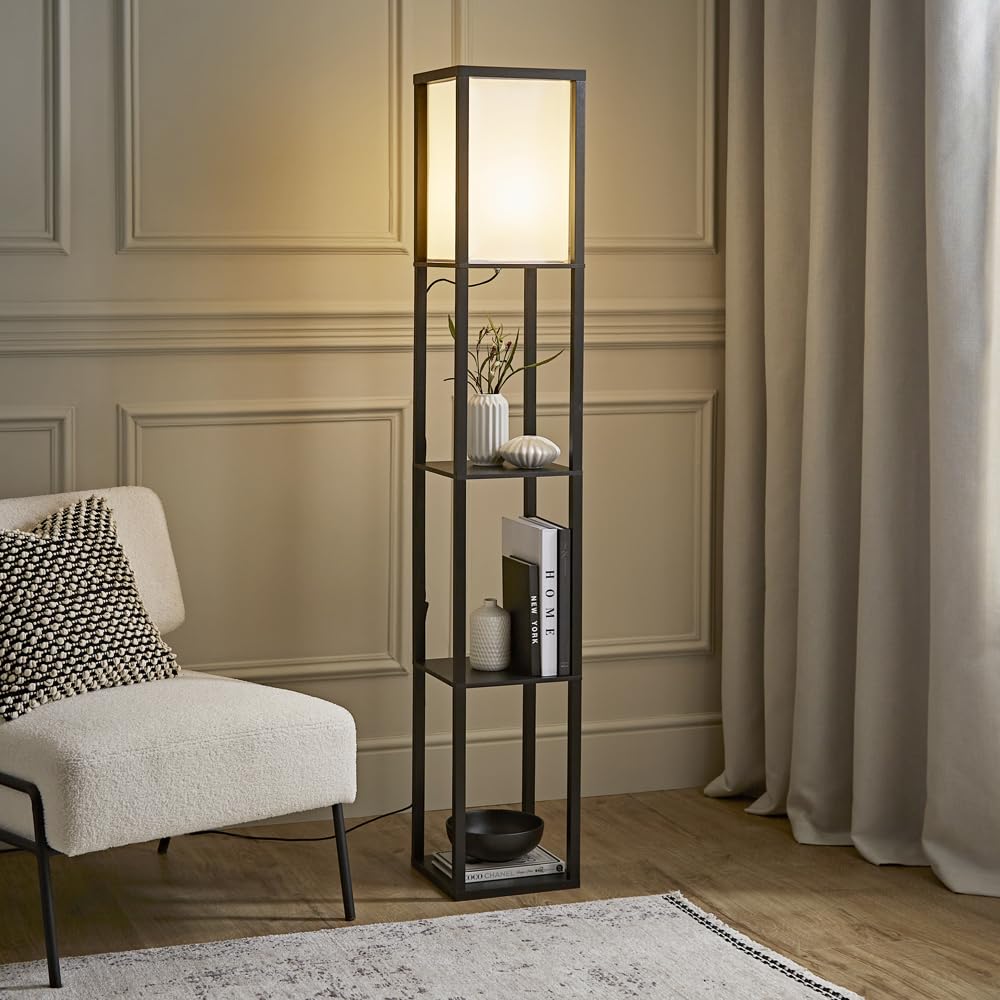 MiniSun | Black Wooden Floor Lamp with Shelves | Floor Lamps & Torchieres, Home Décor & Improvement Essential | Includes 10W GLS Bulb [3000K Warm White]