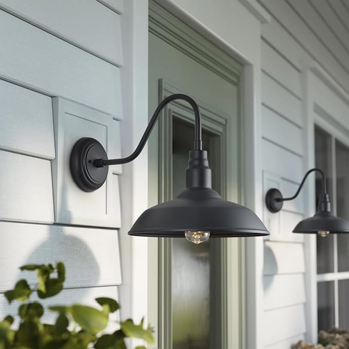 Gooseneck Barn Light with 14in Dome, 4 Pack Large Exterior Farmhouse Light with Wall Mount, Black Outdoor Wall Sconce for Porch Garage Door