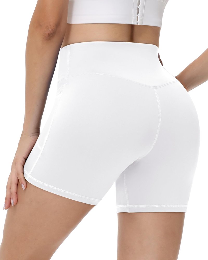 Runhit Yoga Shorts with Pockets for Women - 5'' White High Waisted Biker Workout Gym Athletic Compression Spandex Tummy Control Shorts