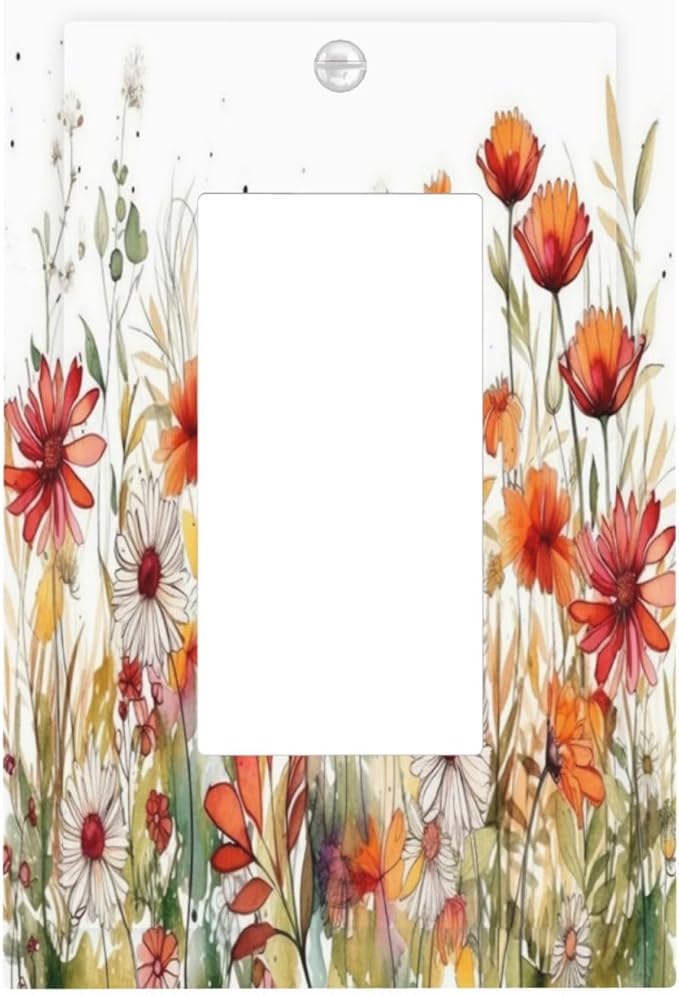 Watercolor Wild Flower Floral Single Rocker Light Switch Covers 1 Gang Outlet Cover Wall Plate Decorative GFCI Switchplate Faceplate for Nursery Bedroom Bathroom Decor