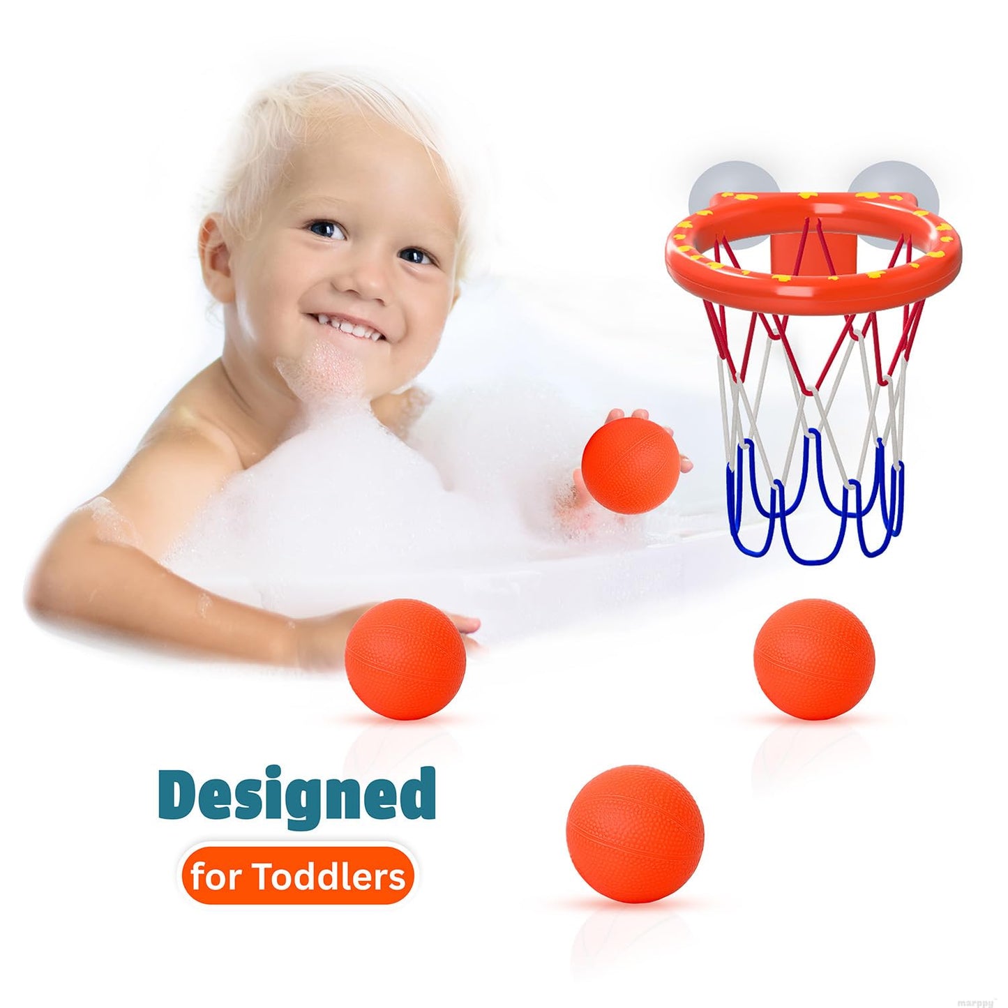 Bath Toys – Bathtub Basketball Hoop for Toddlers, Kids, Boys and Girls | 4 No-Hole Balls & Strong Suction Cups | Fun Basketball Bath Toy for Toddlers