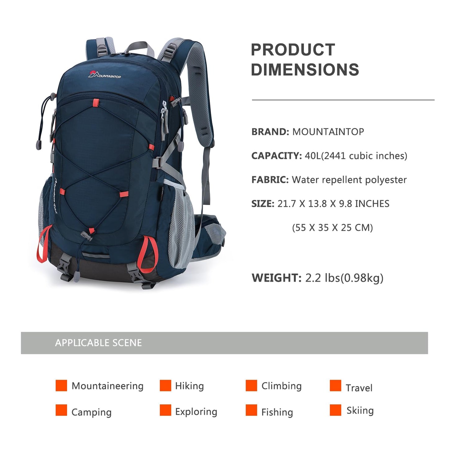 MOUNTAINTOP Hiking Backpack 40L Water Resistent Trekking Rucksack for Men Women Outdoor Traveling pack Daypack 55 x 35 x 25 cm