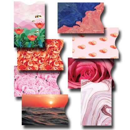 8 RFID Blocking Sleeves, Anti-Theft Credit Card Holder, Credit Card Protector, Easy to Recognize, Different Designs and Arts, Red and Pink, Sturdy and Perfect size for cards