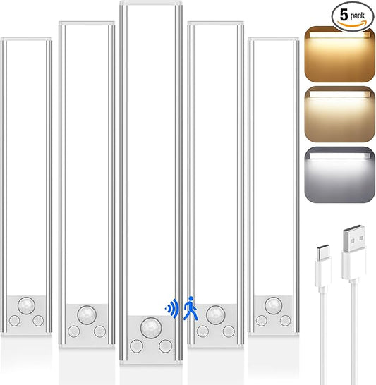 VerRon 5 Pack Under Cabinet Lighting Wireless, Battery Operated Motion Sensor Light Indoor with 3 Color Temps 68 LED, Upgraded 2200mAh Rechargeable Under Cabinet Lights Closet Lights for Kitchen, 10in
