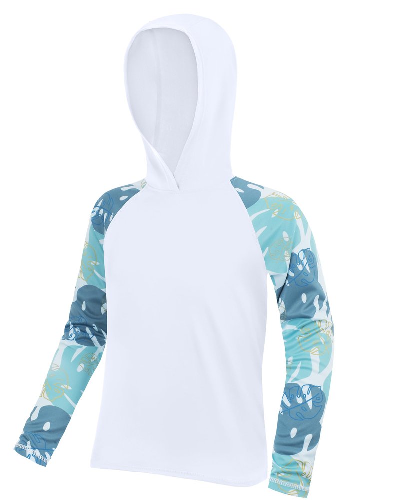 DRONIRING Boys Rash Guard Swim Hoodie, UPF 50+ UV Sun Protection Long Sleeve Fishing Shirt, Kids Youth SPF Water Shirts White-Blue