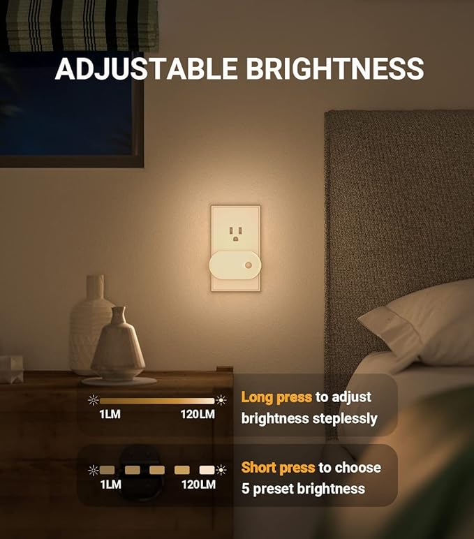 Lyridz Plug in Night Light with Motion Sensor, 120LM Superior Bright Smart Mini LED Nightlight, Warm White with Stepless Adjustable Brightness for Bathroom, Bedroom, Kitchen, Stairs, Hallway, 2 Pack