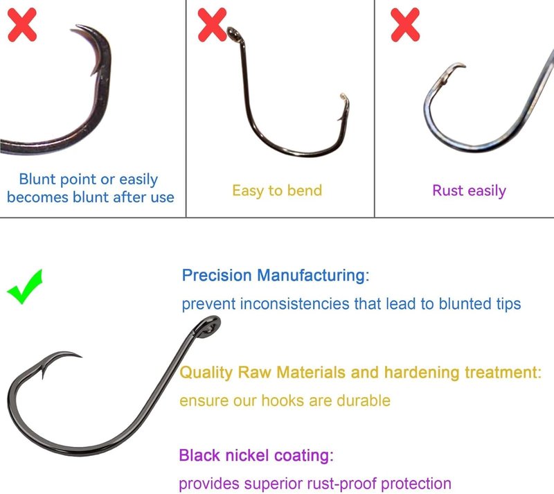 Circle Hooks - 50Pcs Super Sharp Offset Catfish & Octopus Hooks | Nickel Coated High Carbon Steel, Sizes #1-8/0